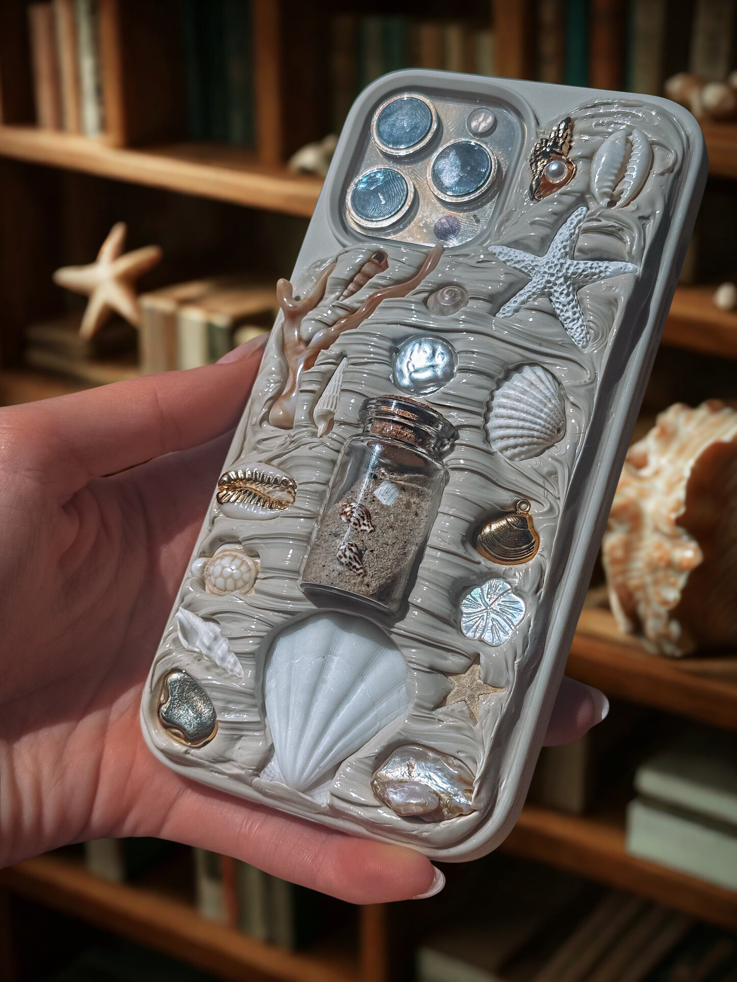 handmade seashell phone case with tiny message bottle