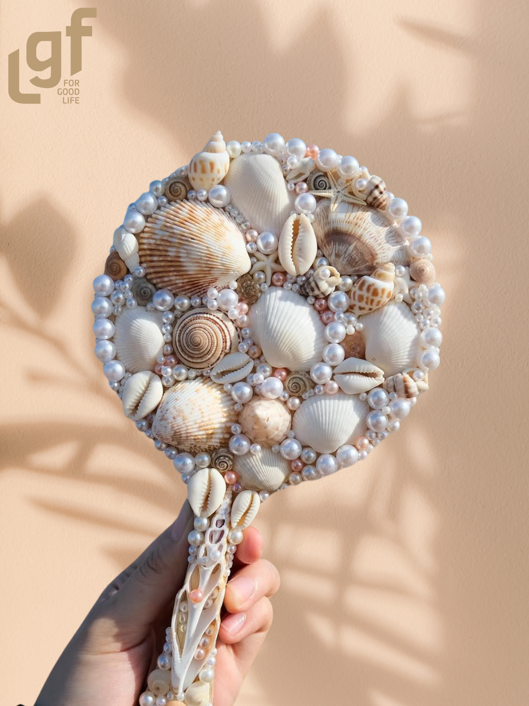 vintage seashell wooden hand mirror