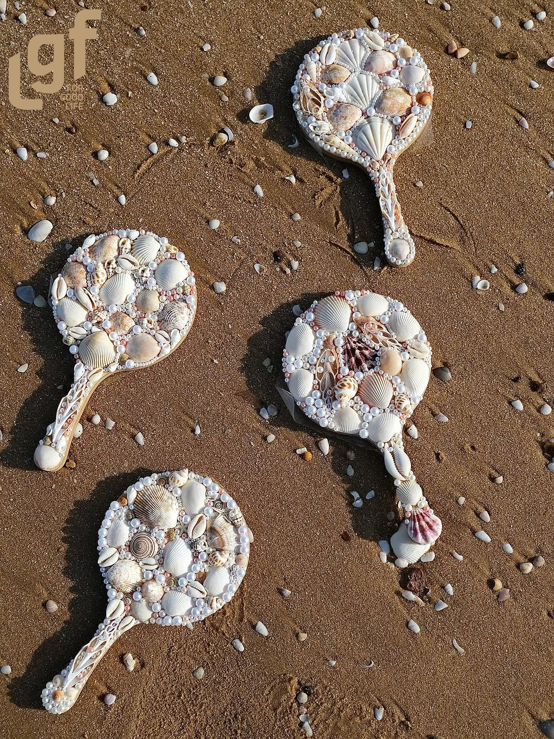 vintage seashell wooden hand mirror