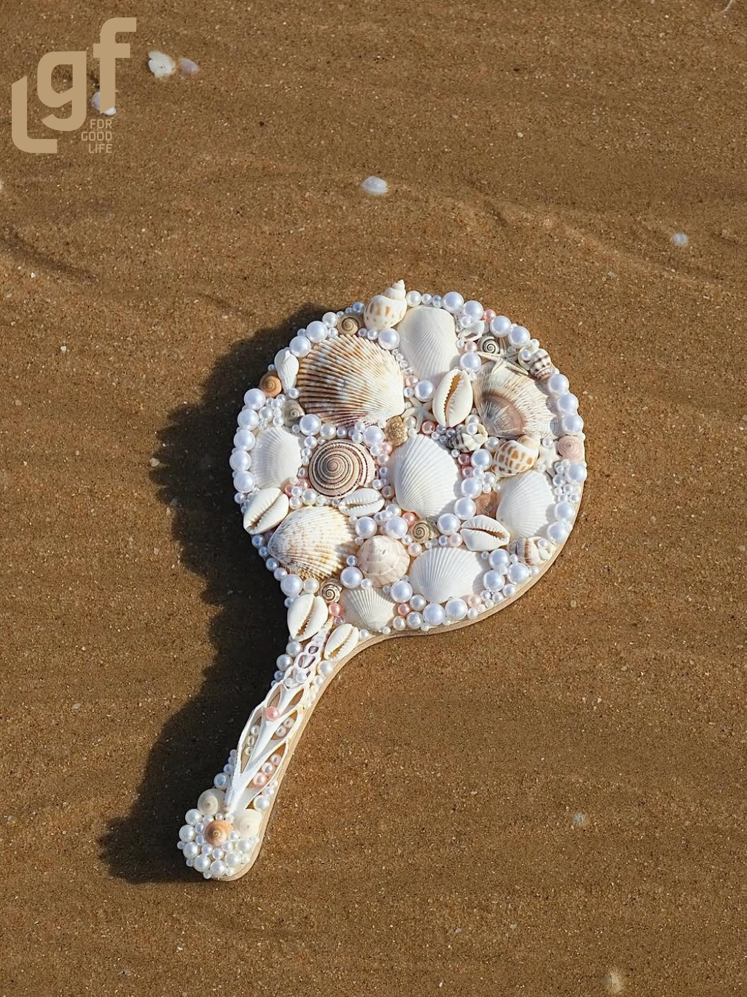 vintage seashell wooden hand mirror