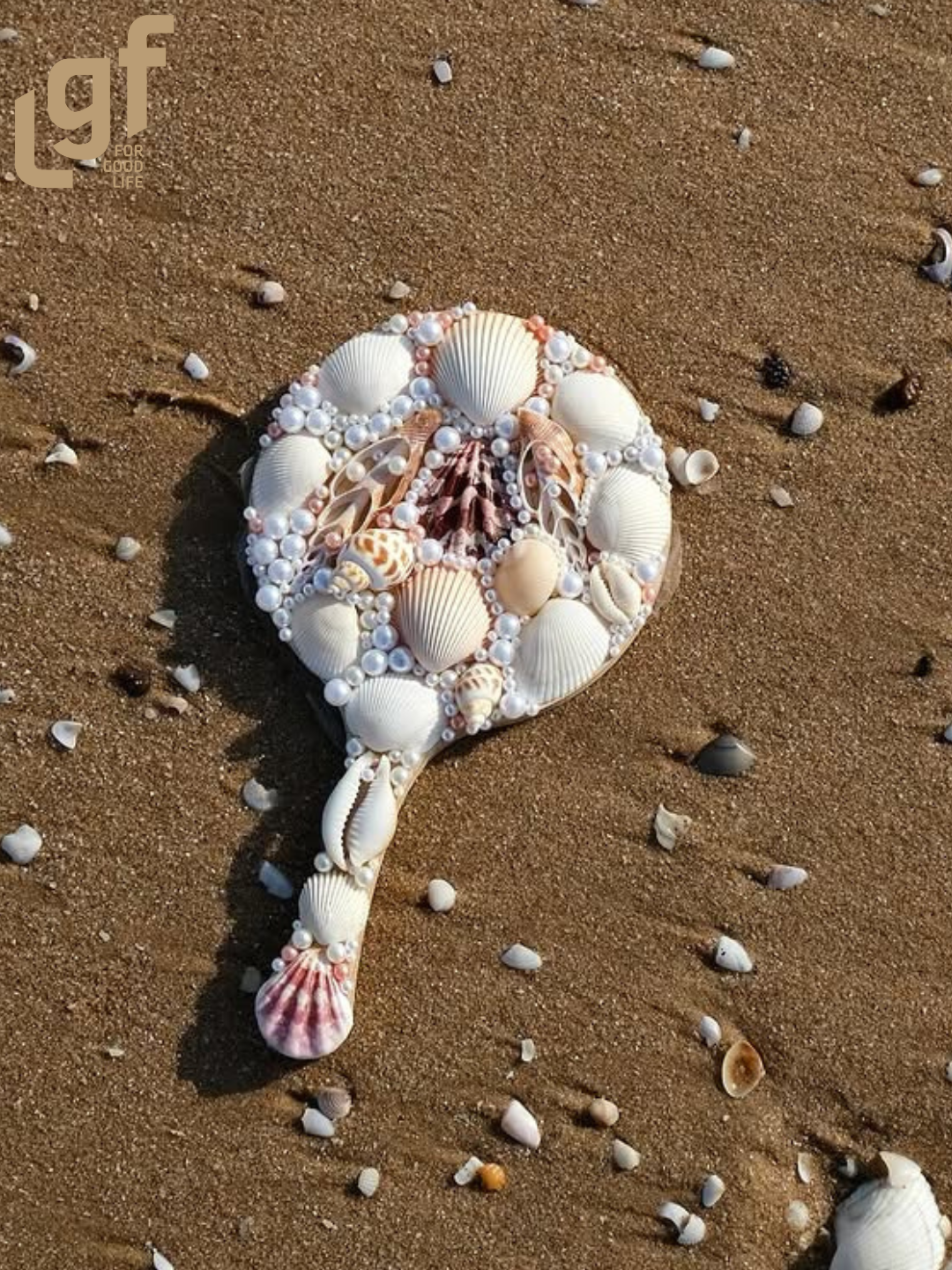 vintage seashell wooden hand mirror