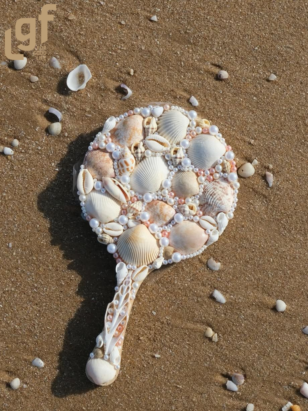 vintage seashell wooden hand mirror