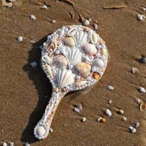 vintage seashell wooden hand mirror