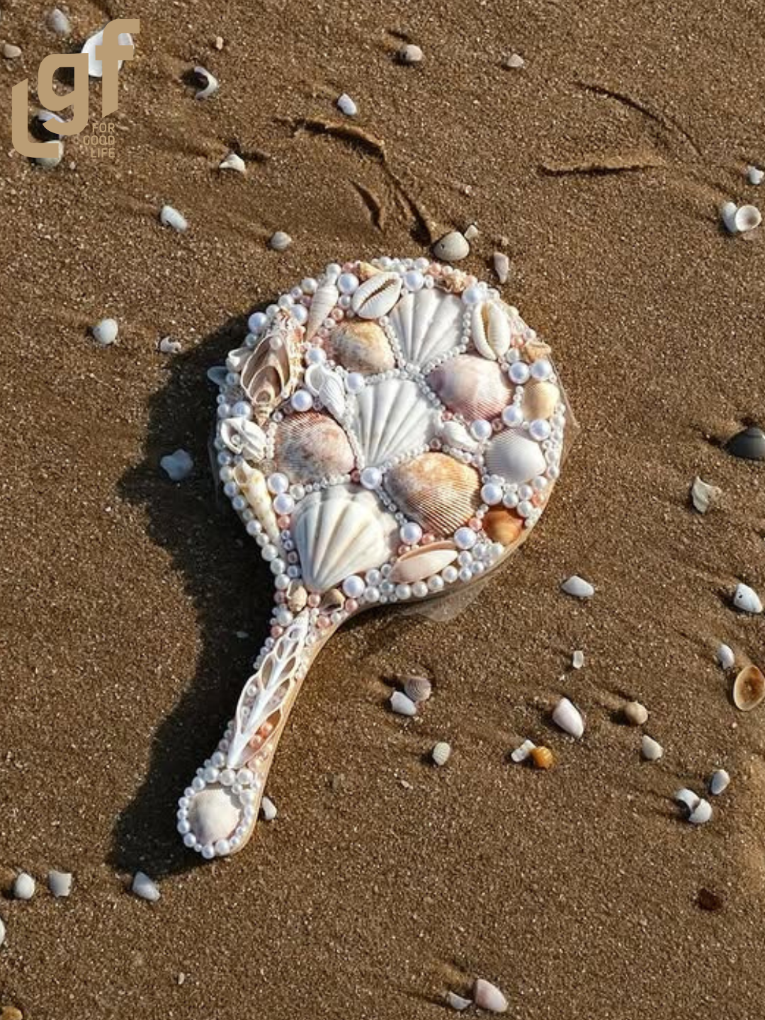 vintage seashell wooden hand mirror